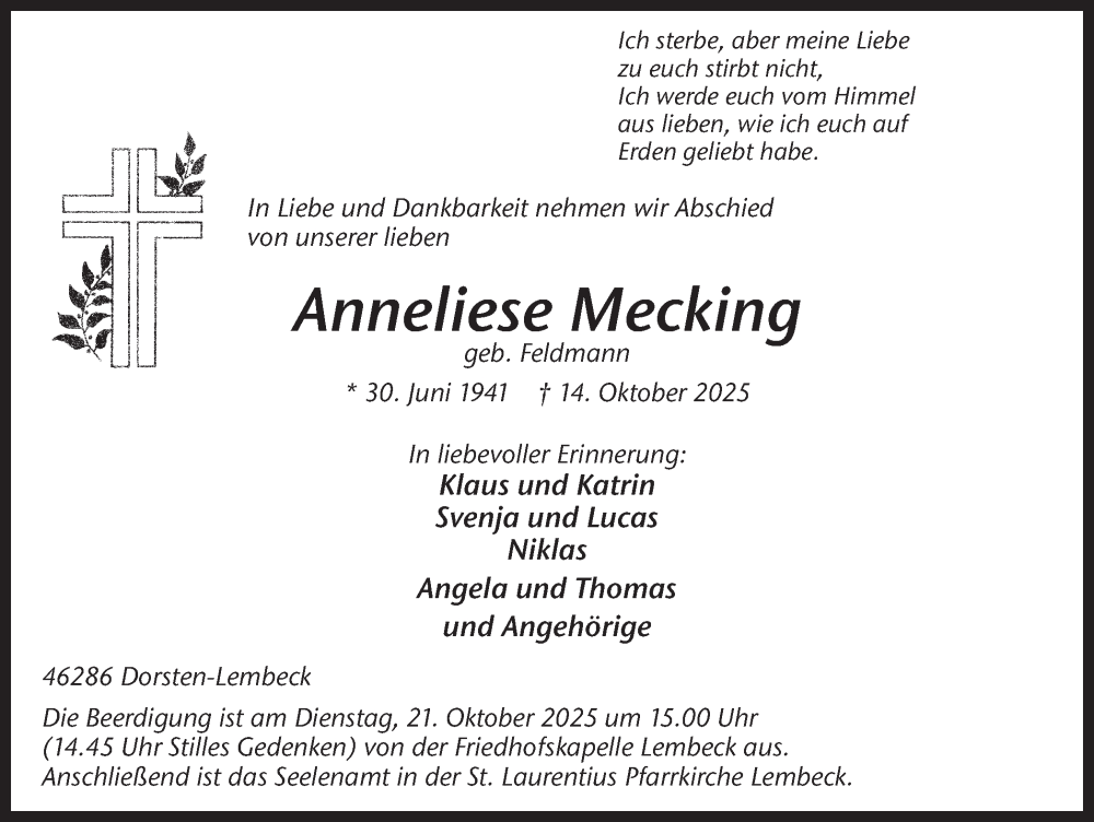 Traueranzeige für Anneliese Mecking vom 18.10.2025 aus Ruhr Nachrichten und Dorstener Zeitung