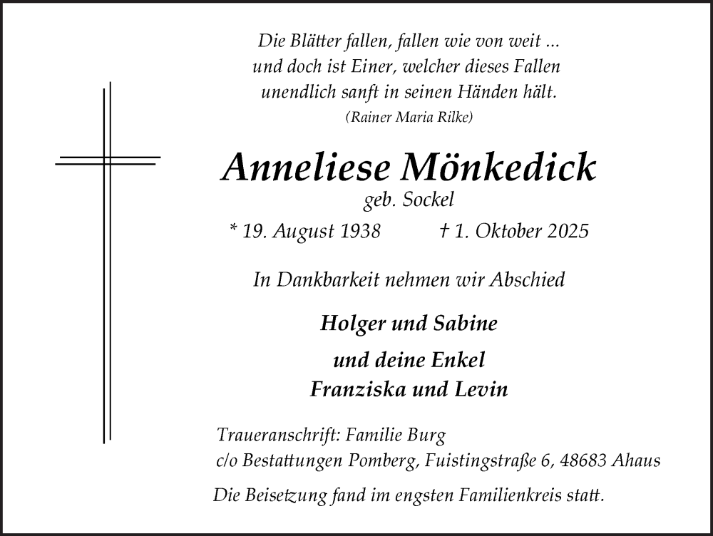  Traueranzeige für Anneliese Mönkedick vom 10.10.2025 aus Münsterland Zeitung