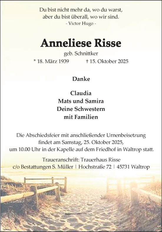 Traueranzeige von Anneliese Risse von Trauer Vest