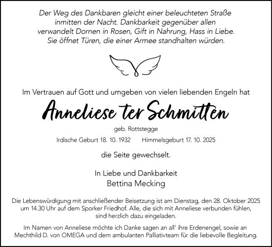Traueranzeige von Anneliese ter Schmitten 
