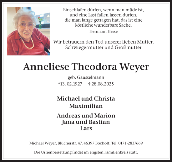 Traueranzeige von Anneliese Theodora Weyer von Trauer Vest
