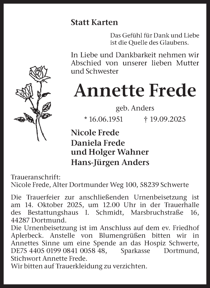  Traueranzeige für Annette Frede vom 04.10.2025 aus Ruhr Nachrichten