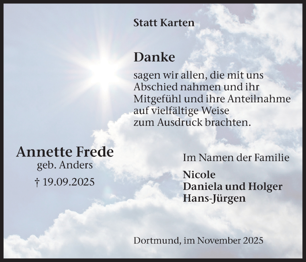  Traueranzeige für Annette Frede vom 01.11.2025 aus Ruhr Nachrichten