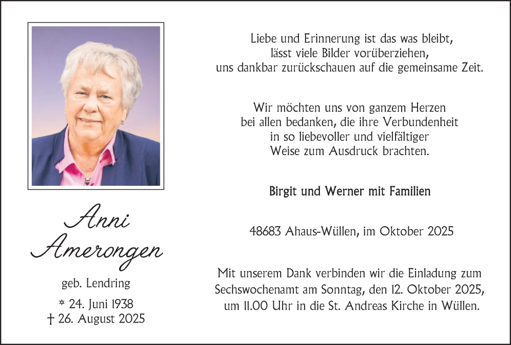  Traueranzeige für Anni Amerongen vom 09.10.2025 aus Münsterland Zeitung