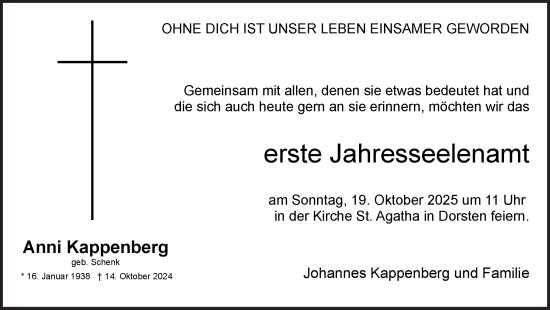 Traueranzeige von Anni Kappenberg von Ruhr Nachrichten und Dorstener Zeitung