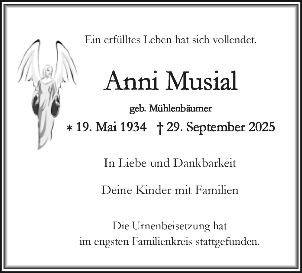  Traueranzeige für Anni Musial vom 18.10.2025 aus Trauer Vest