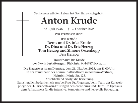 Traueranzeige von Anton Krude von Ruhr Nachrichten