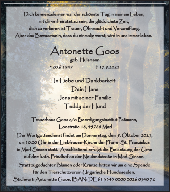 Traueranzeige von Antonette Goos von Trauer Vest