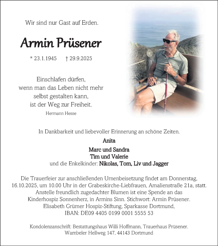  Traueranzeige für Armin Prüsener vom 04.10.2025 aus Ruhr Nachrichten