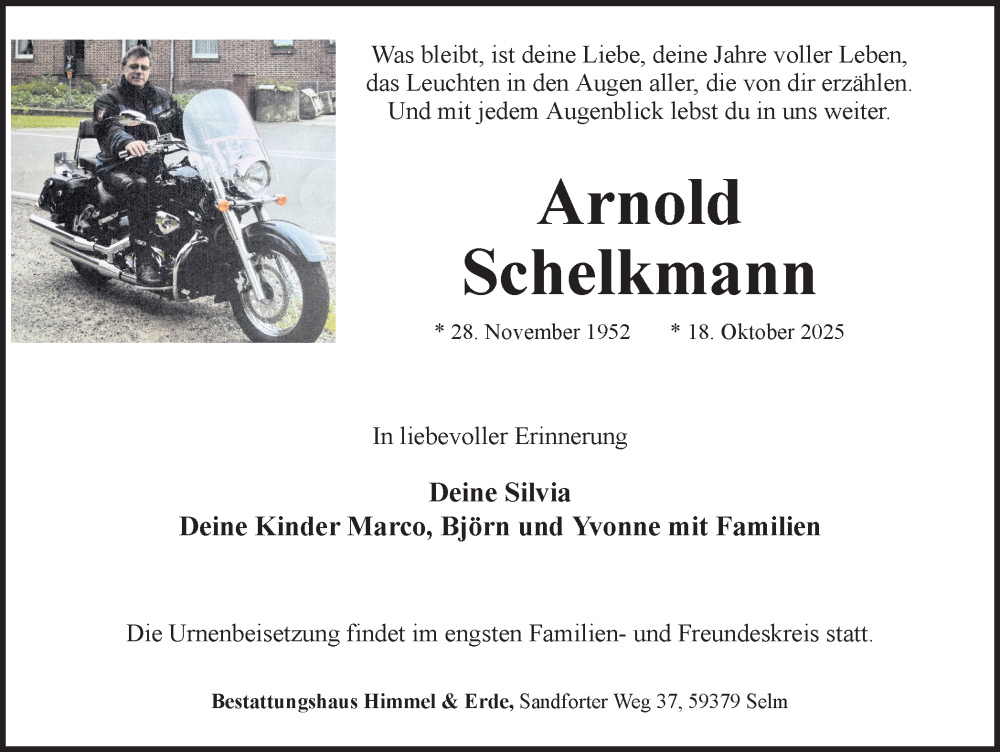  Traueranzeige für Arnold Schelkmann vom 25.10.2025 aus Ruhr Nachrichten