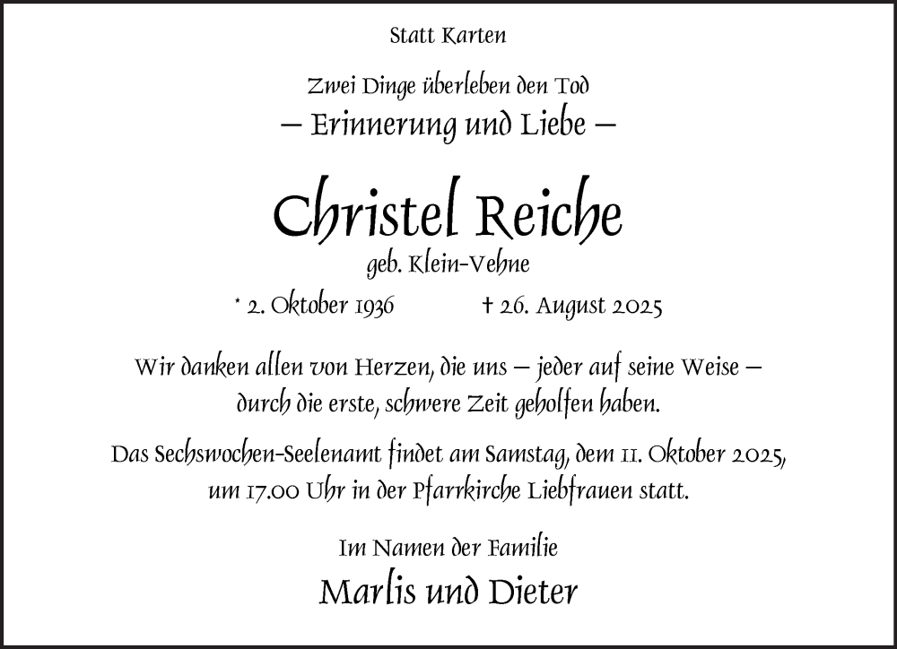  Traueranzeige für Christel Reiche vom 08.10.2025 aus Bocholter Borkener Volksblatt 