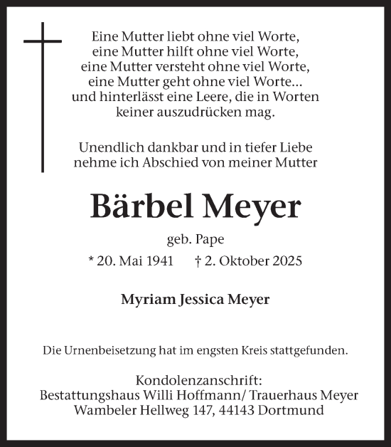 Traueranzeige von Bärbel Meyer von Ruhr Nachrichten