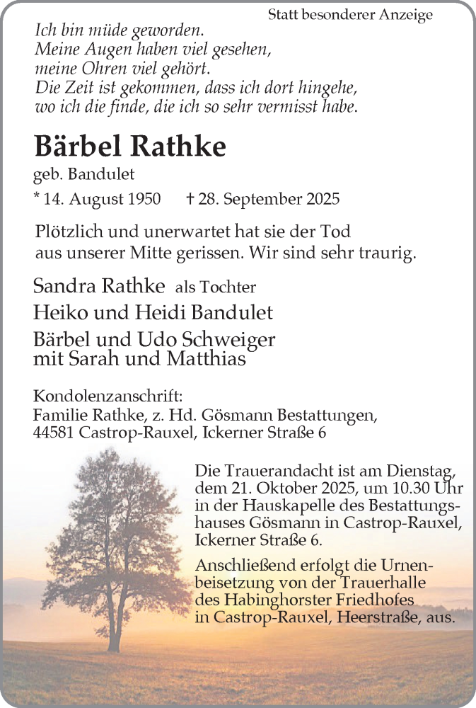  Traueranzeige für Bärbel Rathke vom 11.10.2025 aus Stadtanzeiger Castrop-Rauxel