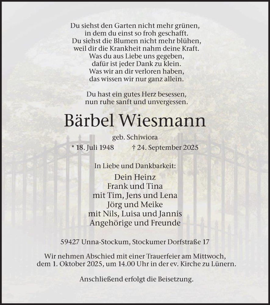  Traueranzeige für Bärbel Wiesmann vom 27.09.2025 aus Hellweger Anzeiger