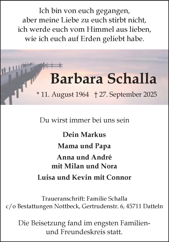  Traueranzeige für Barbara Schalla vom 18.10.2025 aus Trauer Vest