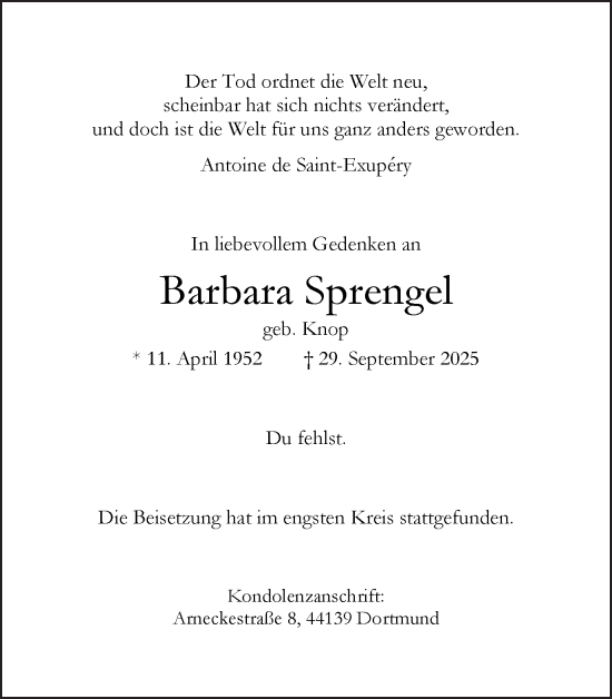 Traueranzeige von Barbara Sprengel von Ruhr Nachrichten
