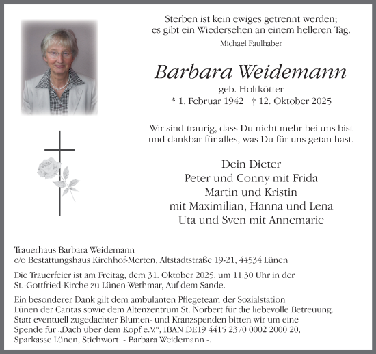 Traueranzeige von Barbara Weidemann von Ruhr Nachrichten