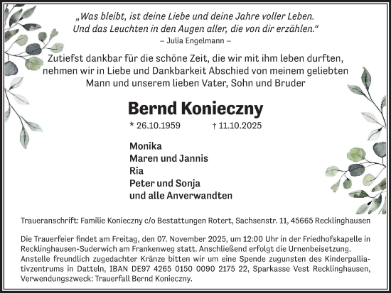 Traueranzeige von Bernd Konieczny von Trauer Vest