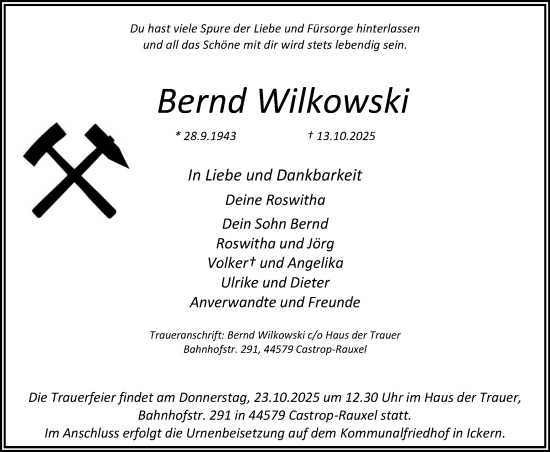 Traueranzeige von Bernd Wilkowski von Stadtanzeiger Castrop-Rauxel