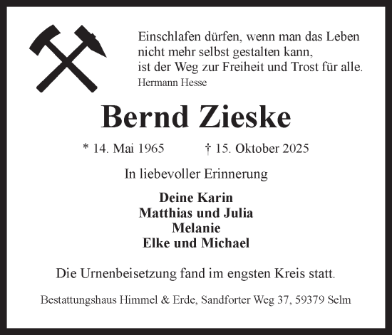 Traueranzeige von Bernd Zieske von Lüner Anzeiger
