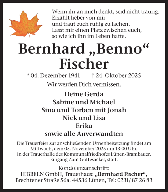 Traueranzeige von Bernhard Fischer von Lüner Anzeiger