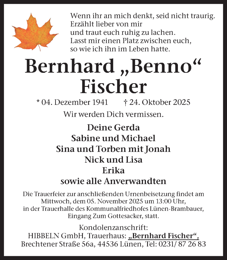  Traueranzeige für Bernhard Fischer vom 01.11.2025 aus Lüner Anzeiger