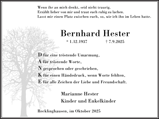 Traueranzeige von Bernhard Hester von Trauer Vest