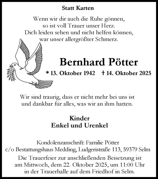 Traueranzeige von Bernhard Pötter von Ruhr Nachrichten