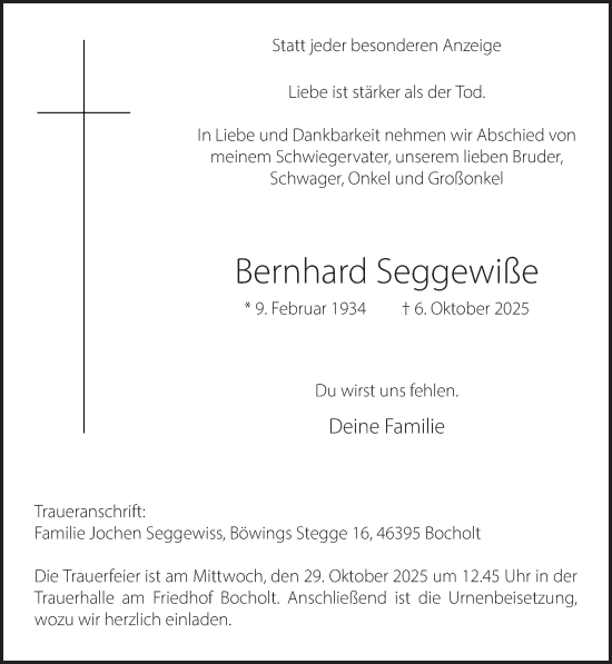 Traueranzeige von Bernhard Seggewiße 