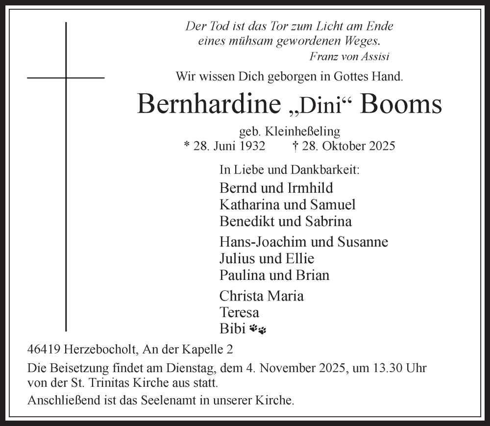  Traueranzeige für Bernhardine Booms vom 31.10.2025 aus 