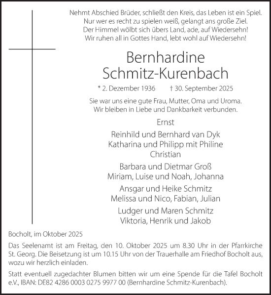 Traueranzeige von Bernhardine Schmitz-Kurenbach 