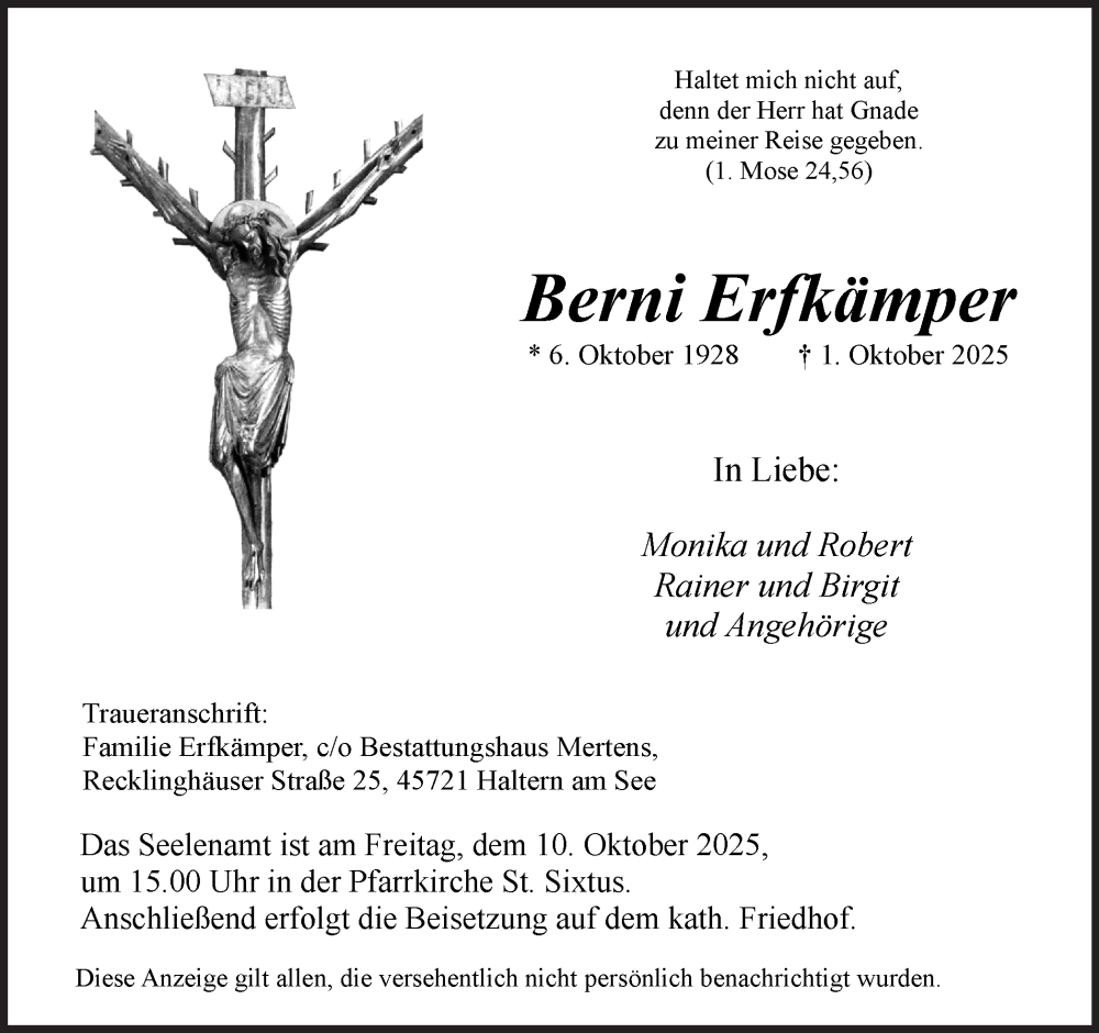  Traueranzeige für Berni Erfkämper vom 08.10.2025 aus Ruhr Nachrichten und Halterner Zeitung