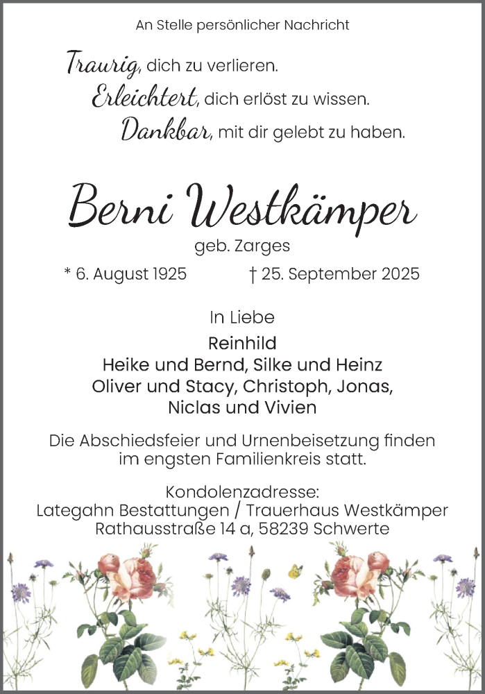  Traueranzeige für Berni Westkämper vom 04.10.2025 aus Ruhr Nachrichten