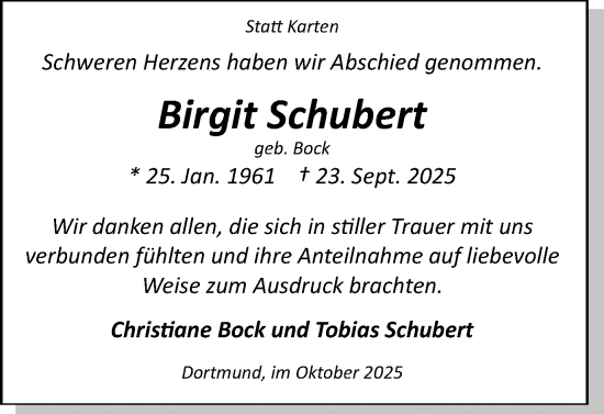 Traueranzeige von Birgit Schubert von Ruhr Nachrichten