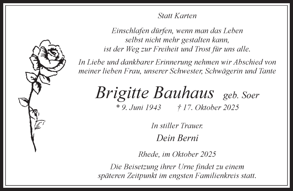  Traueranzeige für Brigitte Bauhaus vom 24.10.2025 aus 