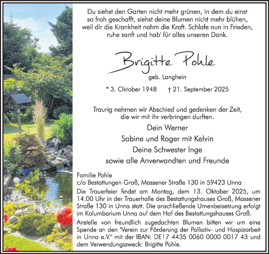 Traueranzeige von Brigitte Pohle von Hellweger Anzeiger