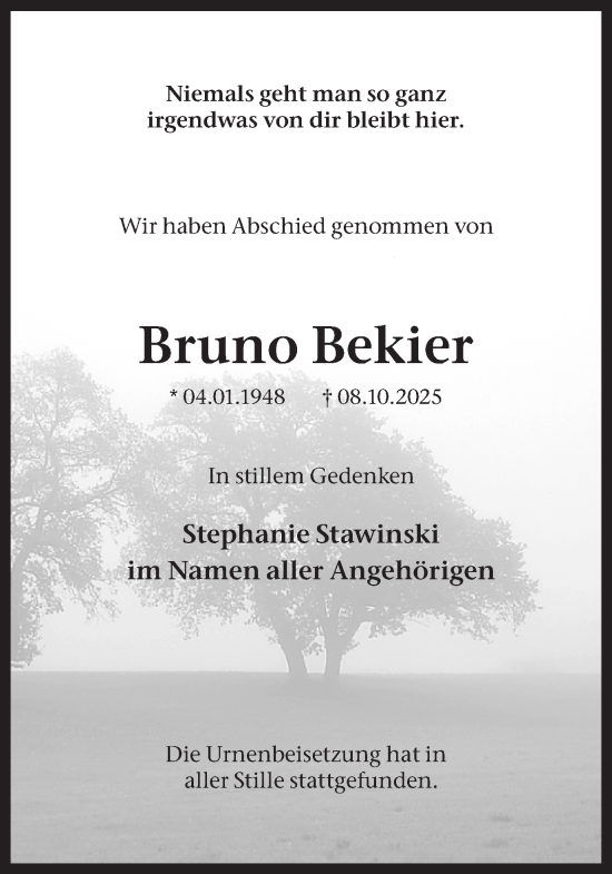 Traueranzeige von Bruno Bekier von Ruhr Nachrichten