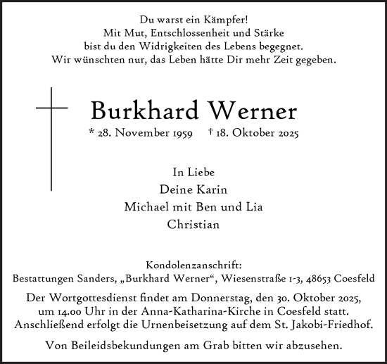 Traueranzeige von Burkhard Werner von Münsterland Zeitung