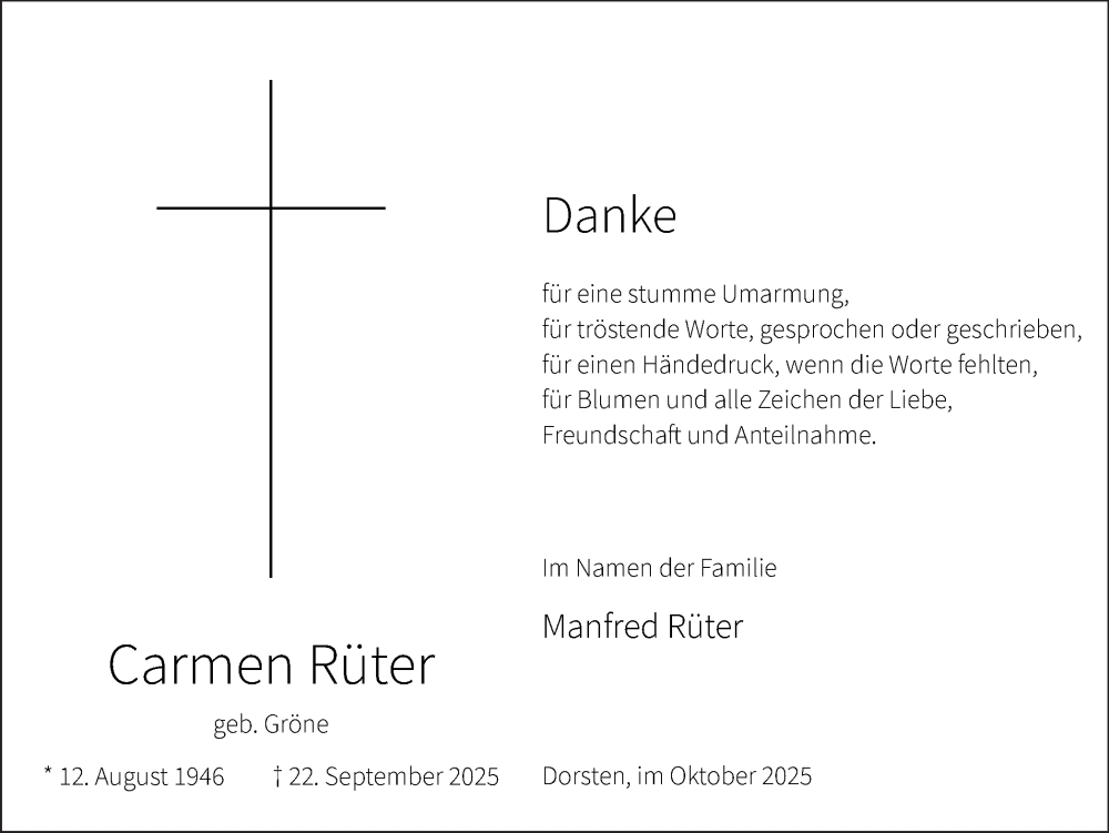  Traueranzeige für Carmen Rüter vom 18.10.2025 aus Ruhr Nachrichten und Dorstener Zeitung