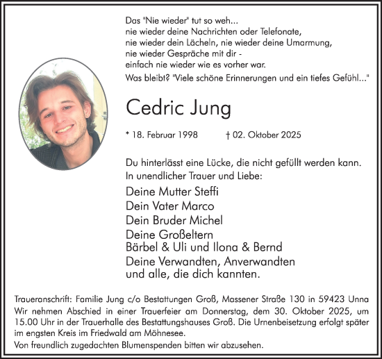 Traueranzeige von Cedric Jung von Hellweger Anzeiger