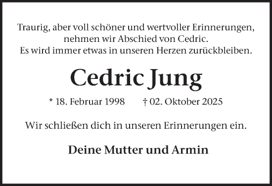 Traueranzeige von Cedric Jung von Hellweger Anzeiger