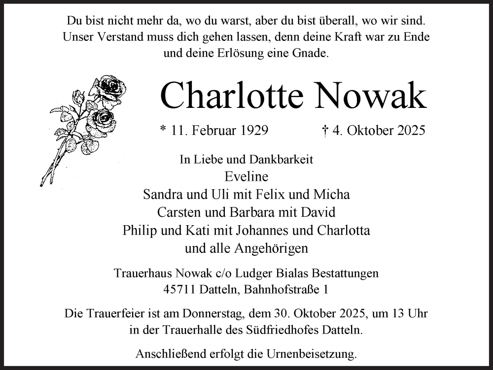  Traueranzeige für Charlotte Nowak vom 25.10.2025 aus Trauer Vest