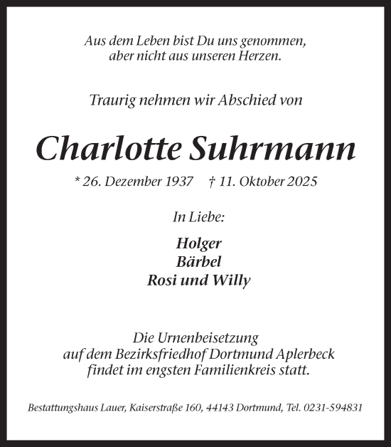 Traueranzeige von Charlotte Suhrmann von Ruhr Nachrichten