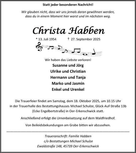 Traueranzeige von Christa Habben von Trauer Vest