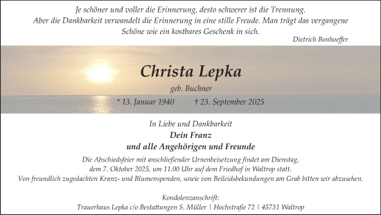 Traueranzeige von Christa Lepka von Trauer Vest