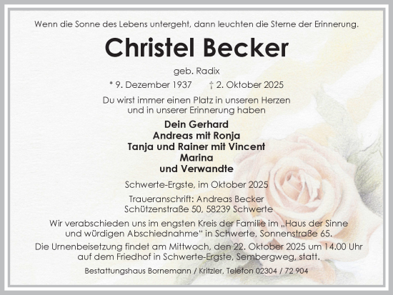 Traueranzeige von Christel Becker von Ruhr Nachrichten