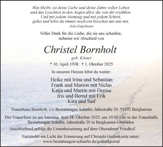 Traueranzeige von Christel Bornholt von Hellweger Anzeiger