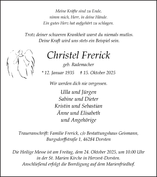 Traueranzeige von Christel Frerick von Ruhr Nachrichten und Dorstener Zeitung