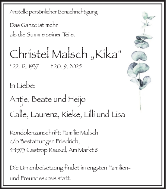 Traueranzeige von Christel Malsch von Trauer Vest