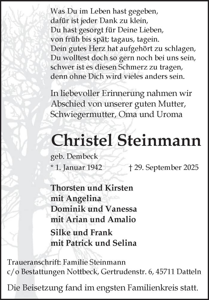  Traueranzeige für Christel Steinmann vom 22.10.2025 aus Trauer Vest